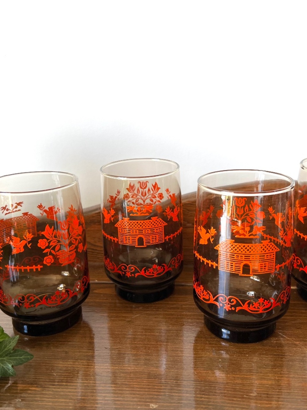 4 Vintage Libbey St. Clair Amber Glass Set - Folk Art Autumnal - Like New